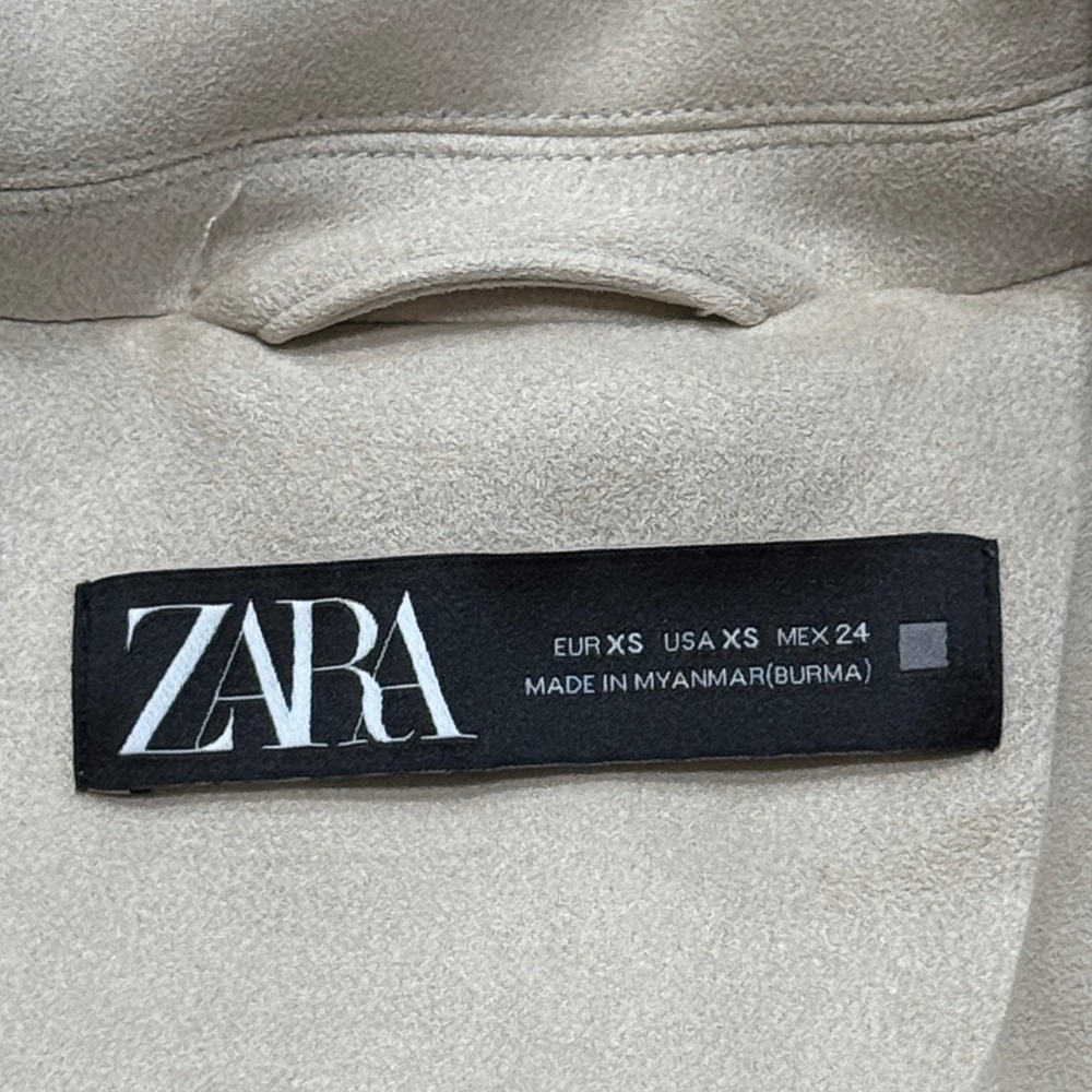 Zara Trench Coat Womens XS Beige Double Breasted Faux Suede Longline Belted Chic - Picture 7 of 8